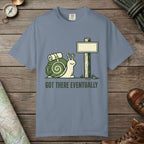 Blue Jean color unisex graphic t-shirt with "Trail Marker Pride" design