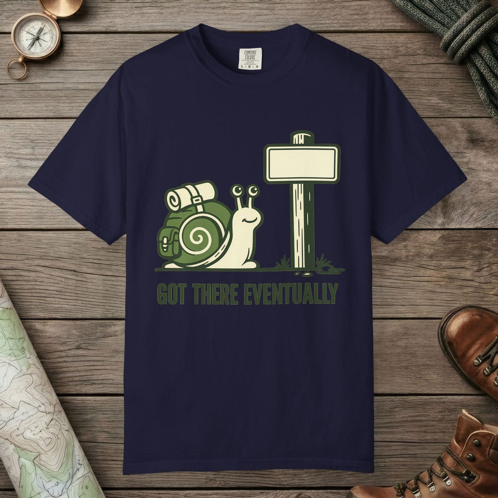 True Navy color unisex graphic t-shirt with "Trail Marker Pride" design