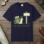 True Navy color unisex graphic t-shirt with "Trail Marker Pride" design