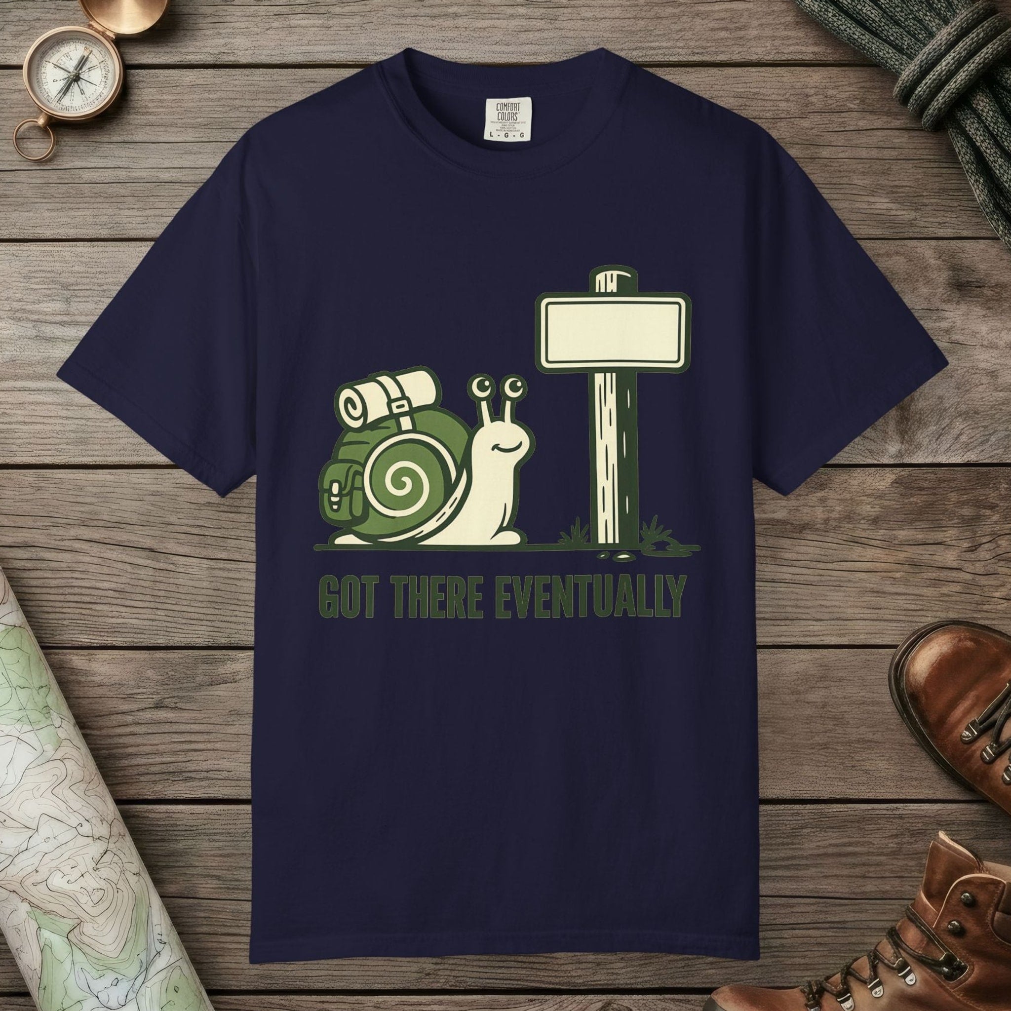 True Navy color unisex graphic t-shirt with "Trail Marker Pride" design