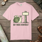 Blossom color unisex graphic t-shirt with "Trail Marker Pride" design