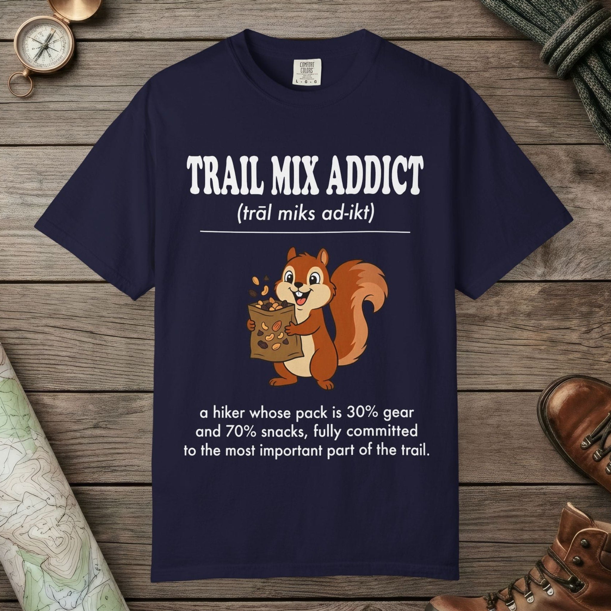 True Navy color unisex graphic t-shirt with "Trail Mix Addict Definition" design