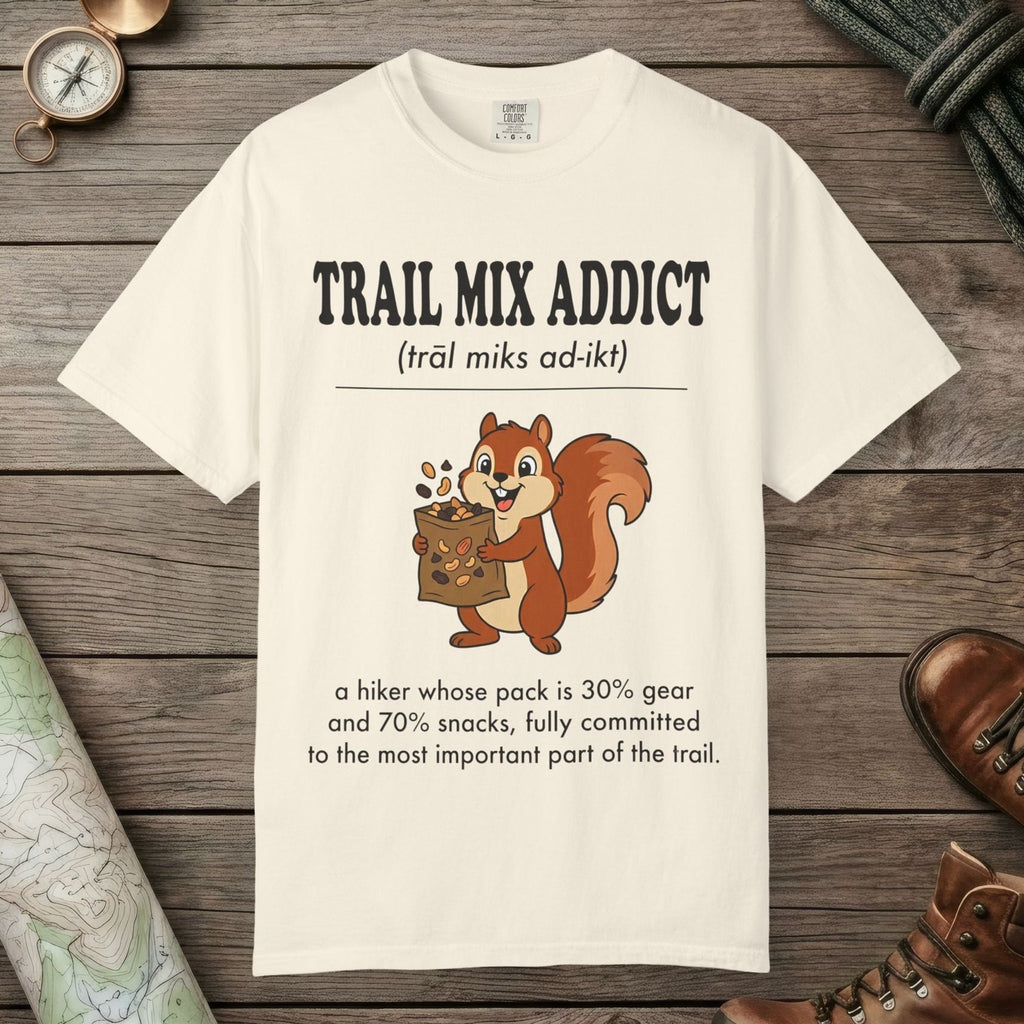Ivory color unisex graphic t-shirt with "Trail Mix Addict Definition" design
