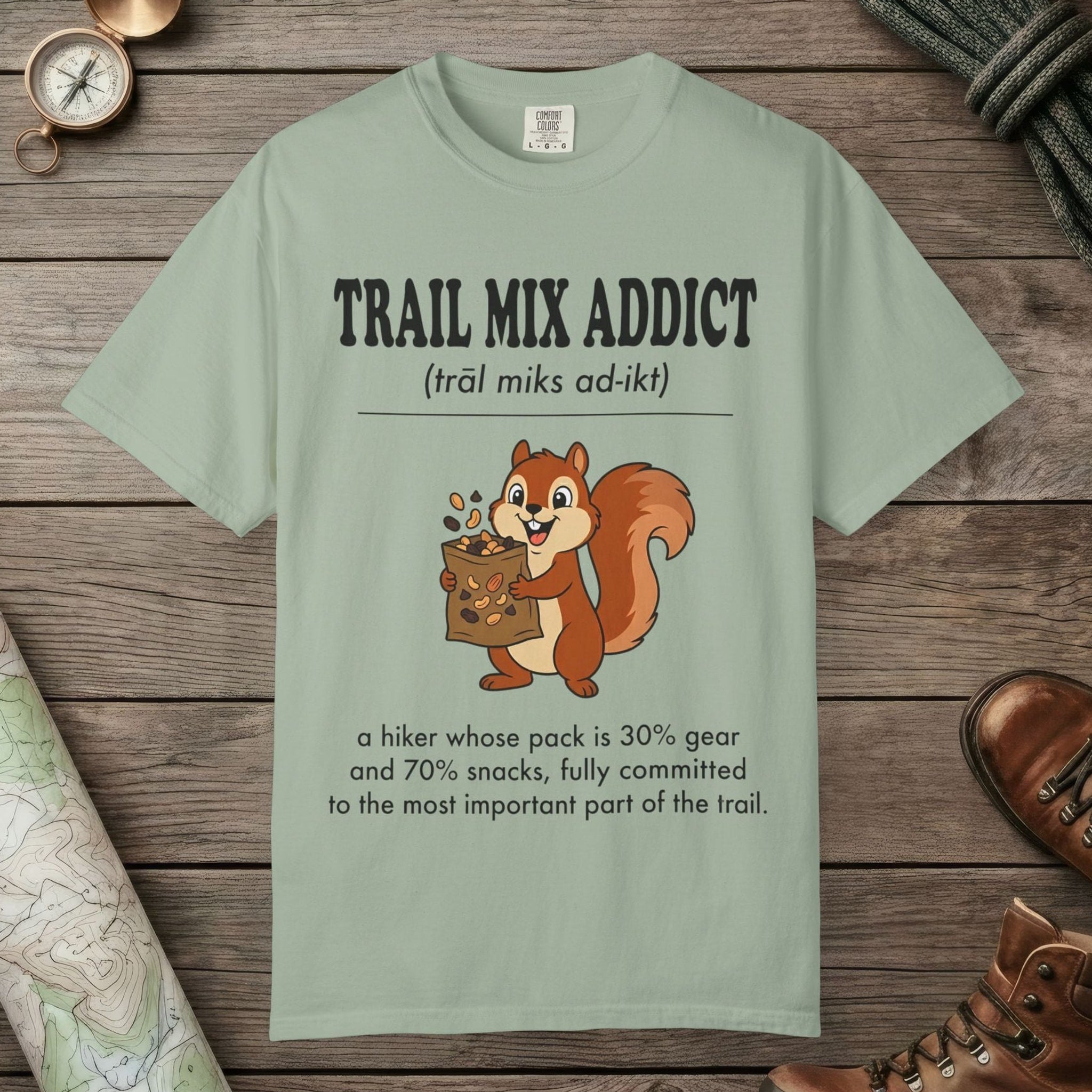 Bay color unisex graphic t-shirt with "Trail Mix Addict Definition" design