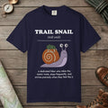True Navy color unisex graphic t-shirt with "Trail Snail Definition" design