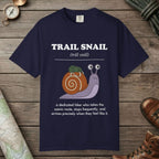 True Navy color unisex graphic t-shirt with "Trail Snail Definition" design
