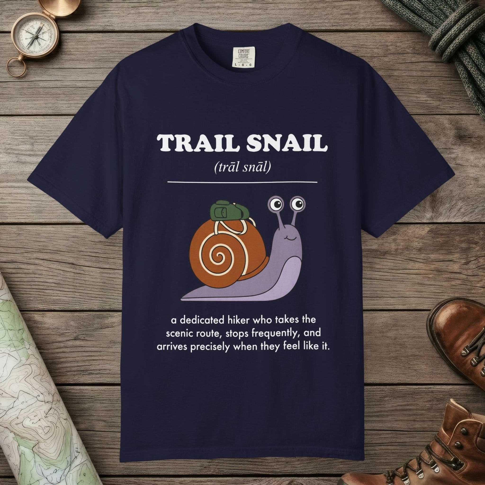 True Navy color unisex graphic t-shirt with "Trail Snail Definition" design