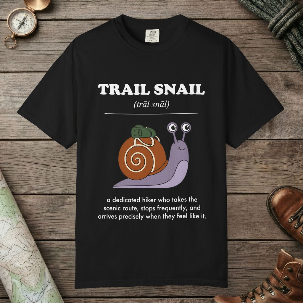 Black color unisex graphic t-shirt with "Trail Snail Definition" design