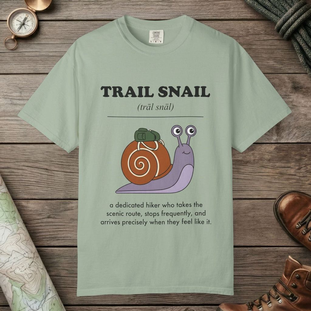Bay color unisex graphic t-shirt with "Trail Snail Definition" design