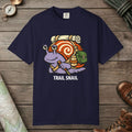 True Navy color unisex graphic t-shirt with "Trail Snail Hero" design