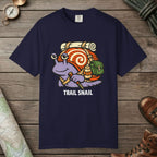 True Navy color unisex graphic t-shirt with "Trail Snail Hero" design