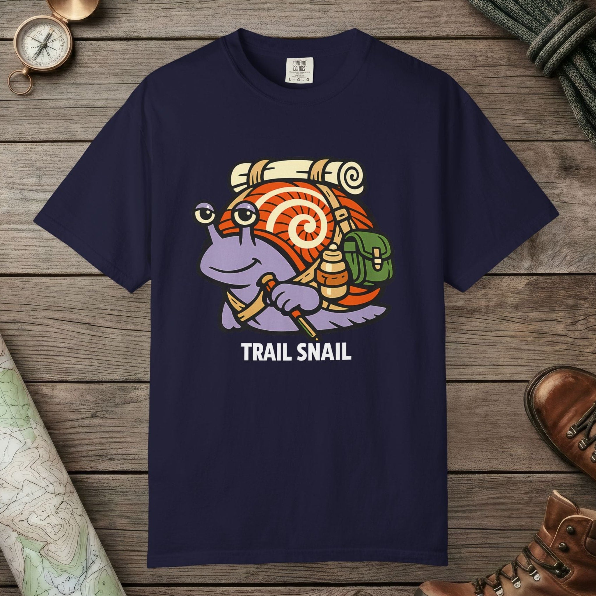 True Navy color unisex graphic t-shirt with "Trail Snail Hero" design