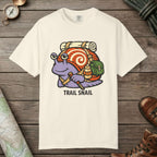 Ivory color unisex graphic t-shirt with "Trail Snail Hero" design