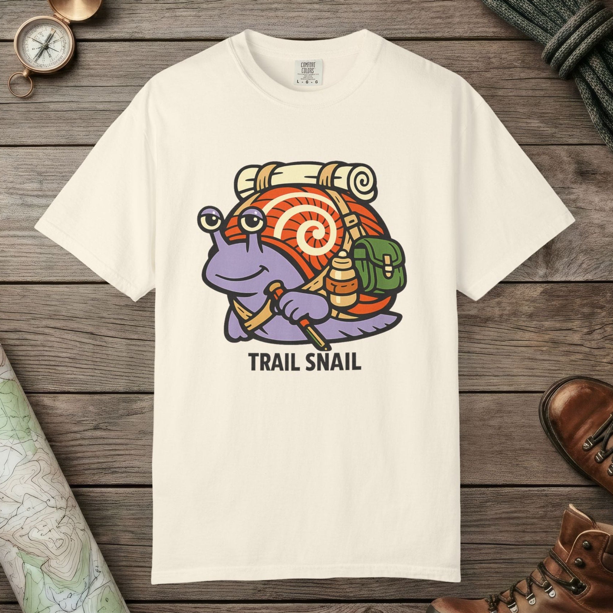Ivory color unisex graphic t-shirt with "Trail Snail Hero" design