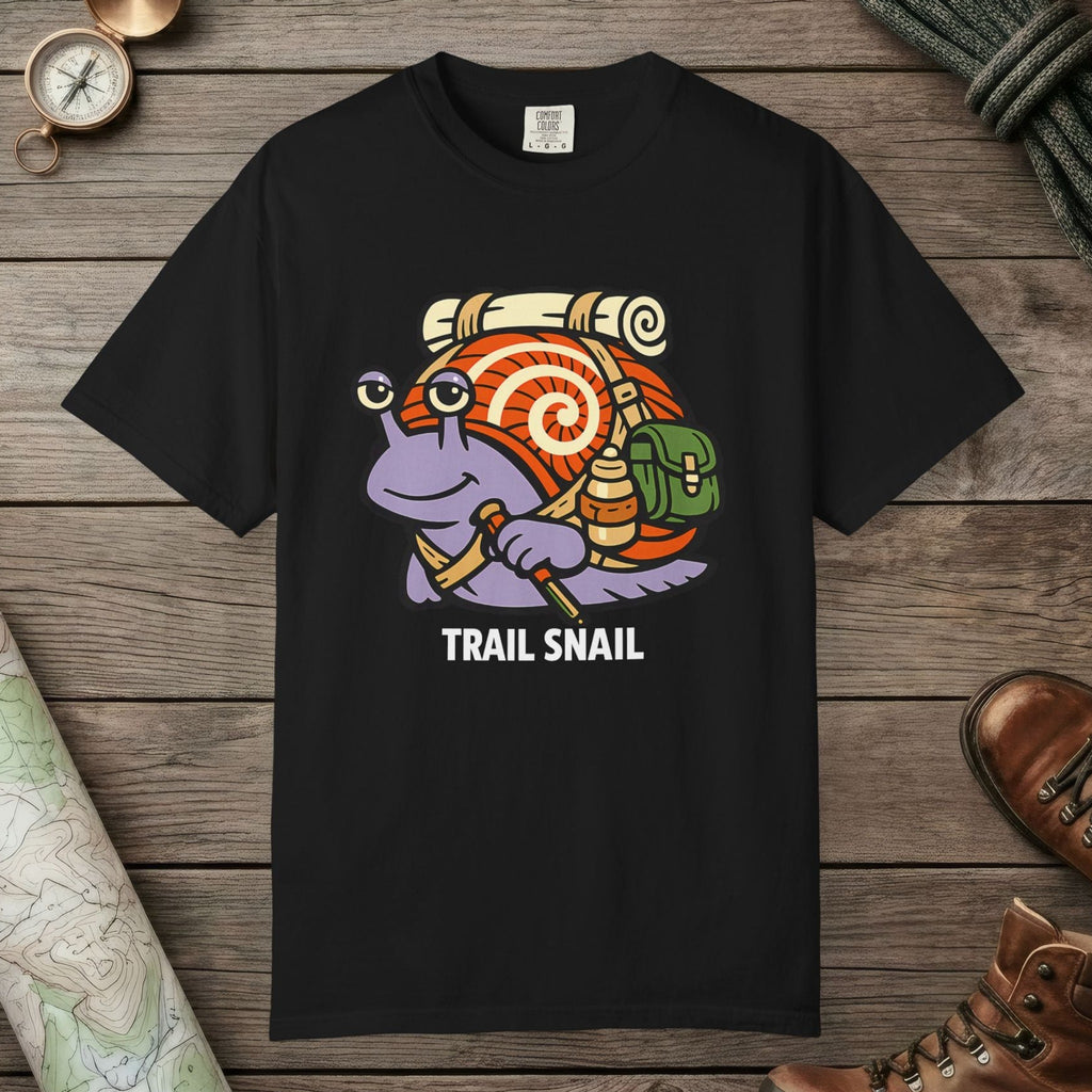 Black color unisex graphic t-shirt with "Trail Snail Hero" design