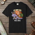 Black color unisex graphic t-shirt with "Trail Snail Hero" design