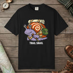 Black color unisex graphic t-shirt with "Trail Snail Hero" design