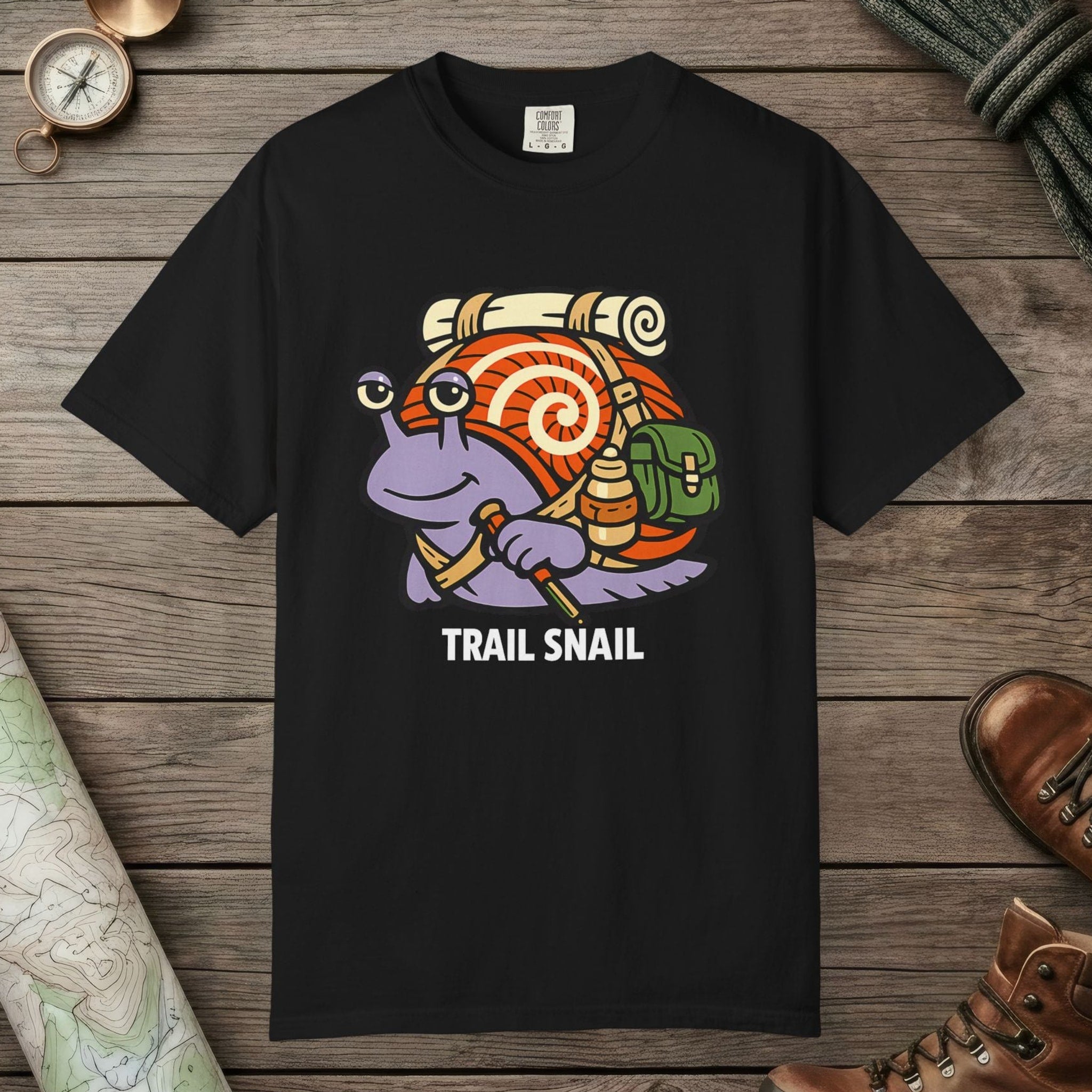 Black color unisex graphic t-shirt with "Trail Snail Hero" design