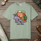 Bay color unisex graphic t-shirt with "Trail Snail Hero" design