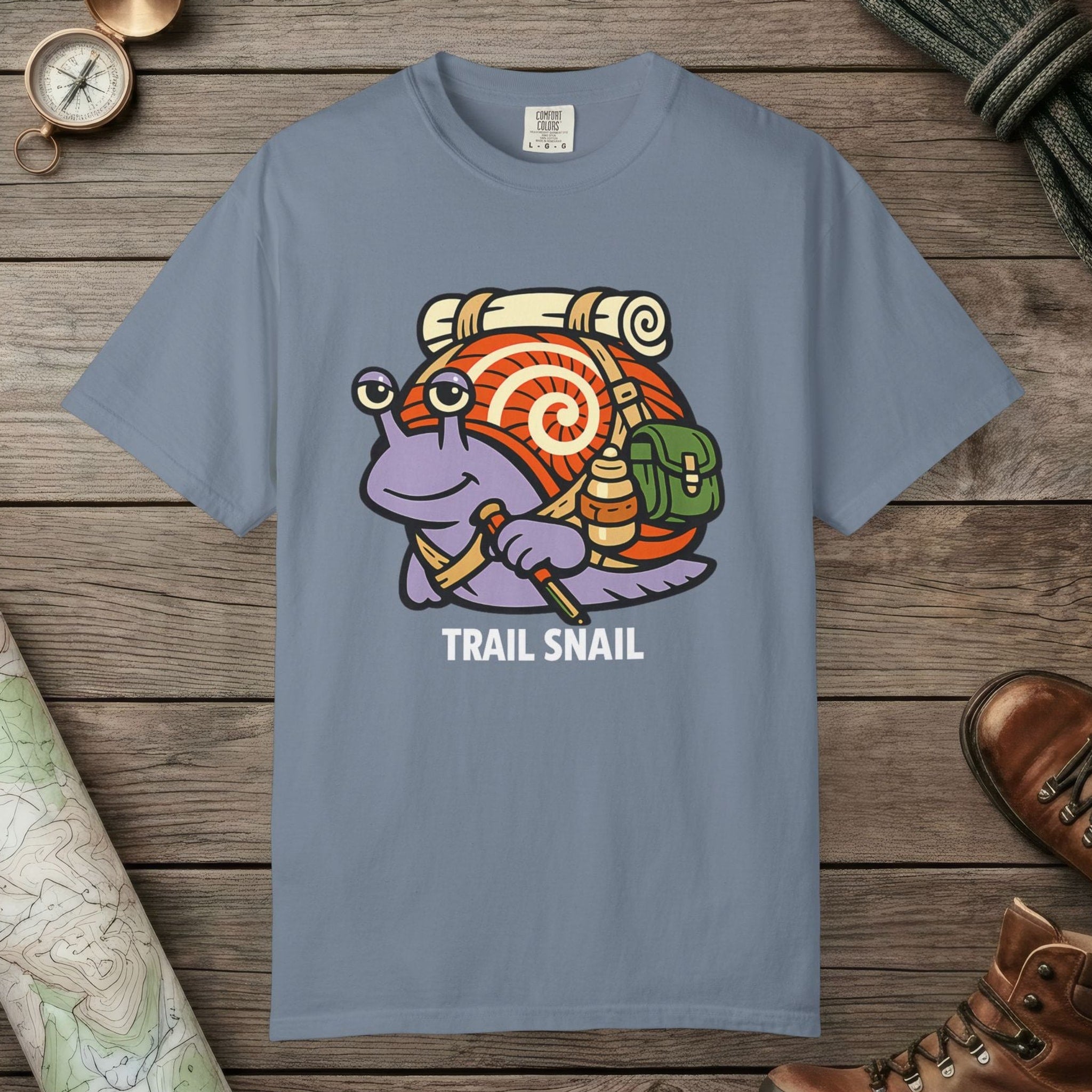 Blue Jean color unisex graphic t-shirt with "Trail Snail Hero" design