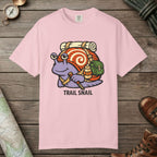 Blossom color unisex graphic t-shirt with "Trail Snail Hero" design