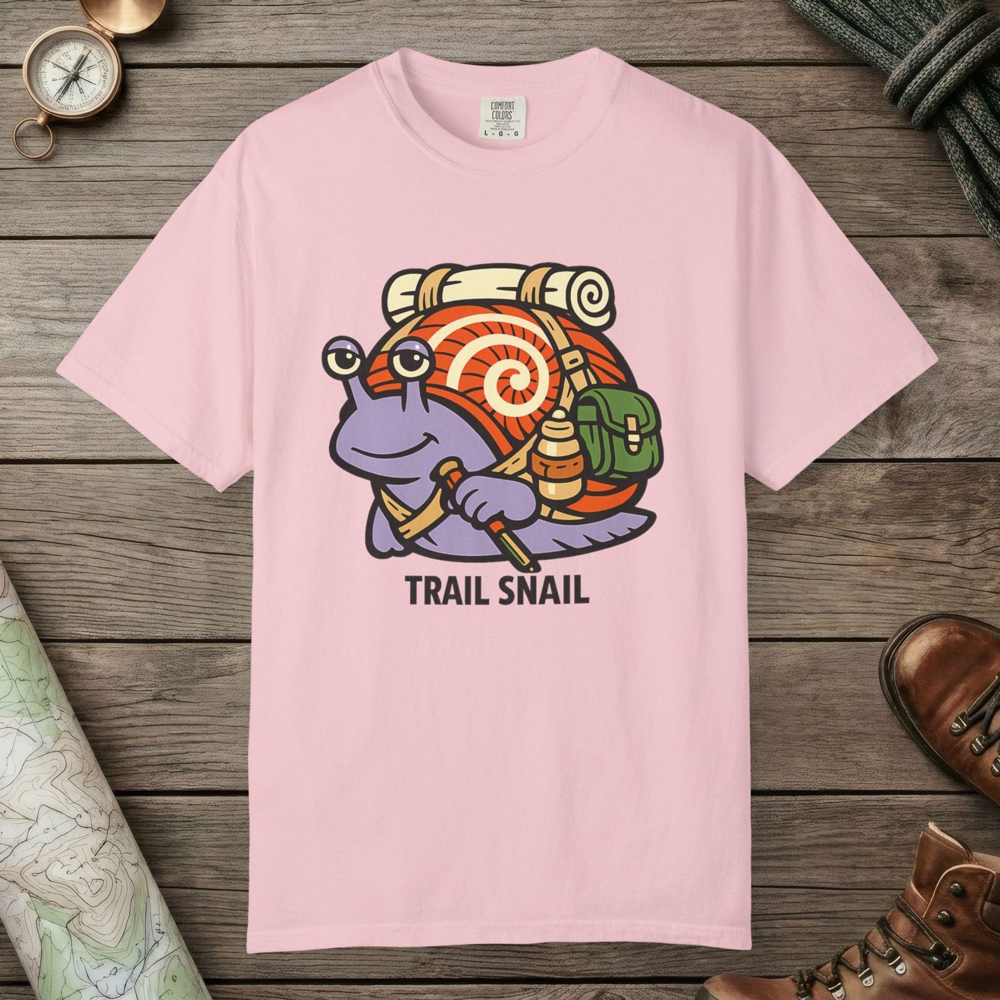 Blossom color unisex graphic t-shirt with "Trail Snail Hero" design