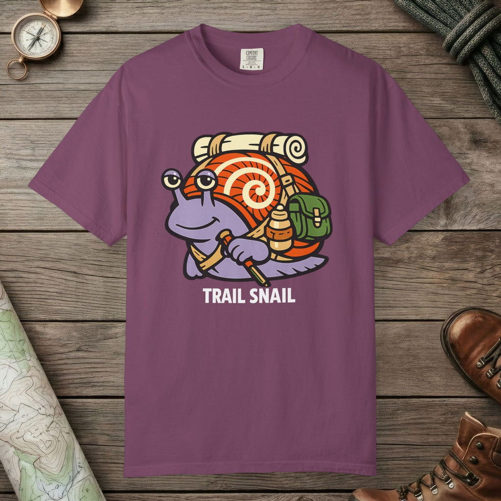 Berry color unisex graphic t-shirt with "Trail Snail Hero" design
