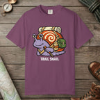 Berry color unisex graphic t-shirt with "Trail Snail Hero" design