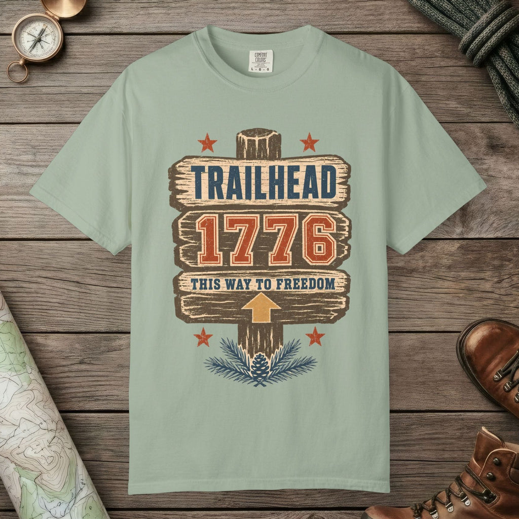 Bay color unisex graphic t-shirt with "Trailhead 1776" design