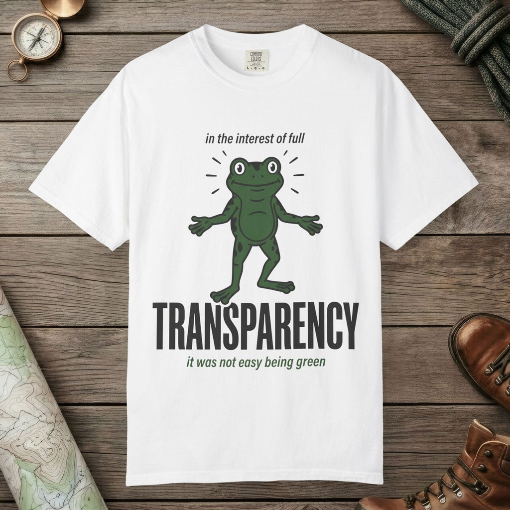 White color unisex graphic t-shirt with "Transparent About It Frog" design