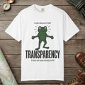 White color unisex graphic t-shirt with "Transparent About It Frog" design