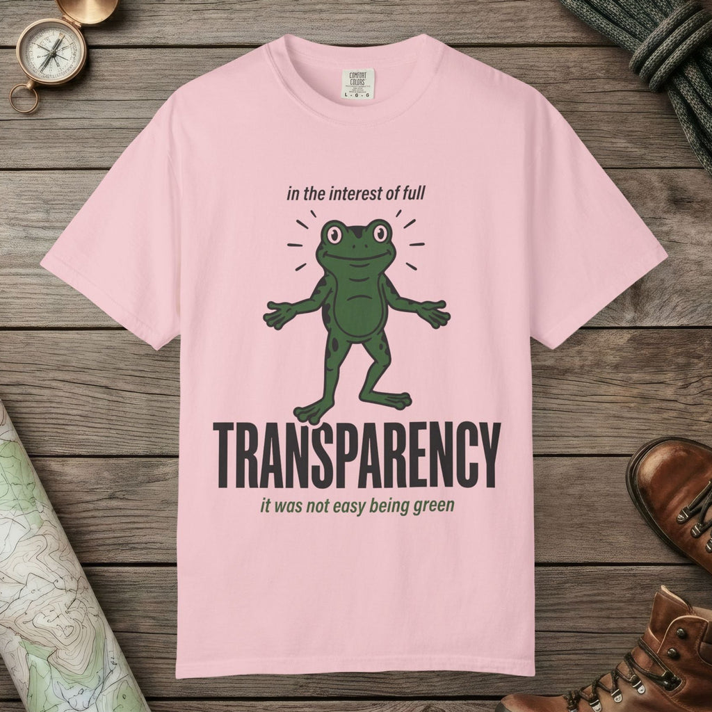 Blossom color unisex graphic t-shirt with "Transparent About It Frog" design