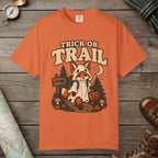 Burnt Orange color unisex graphic t-shirt with "Trick Or Trail" design