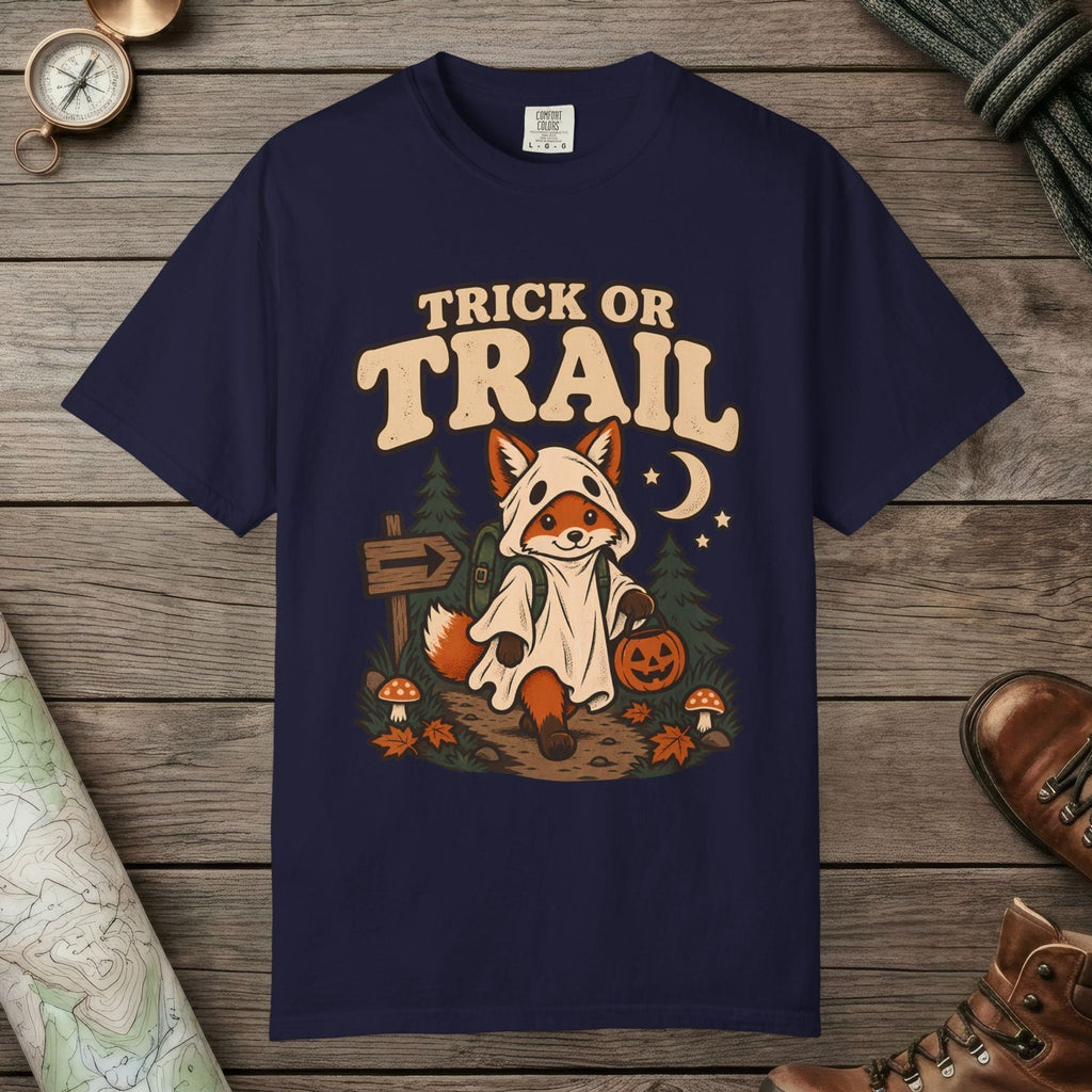 True Navy color unisex graphic t-shirt with "Trick Or Trail" design