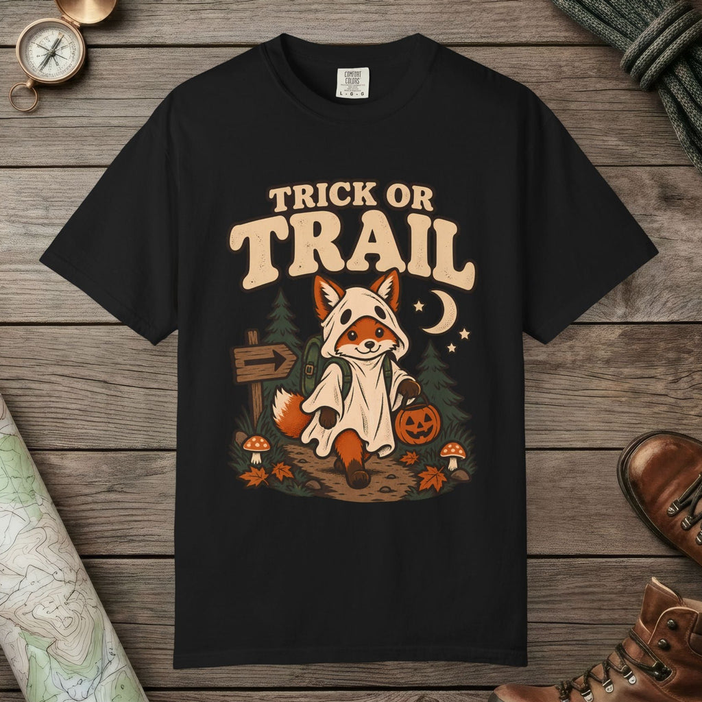 Black color unisex graphic t-shirt with "Trick Or Trail" design