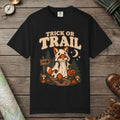 Black color unisex graphic t-shirt with "Trick Or Trail" design