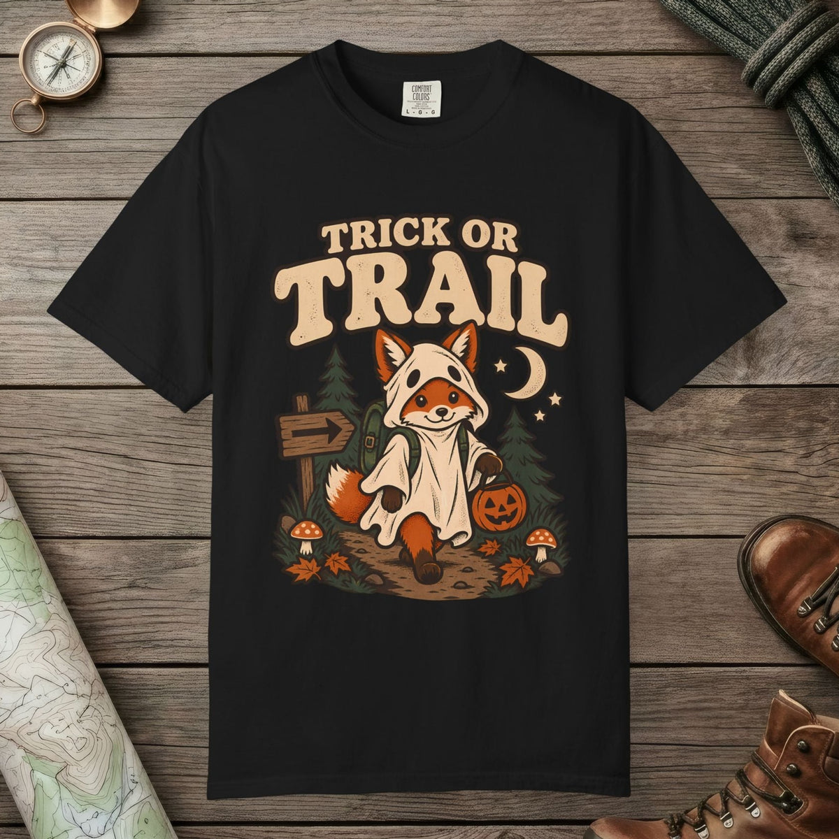 Black color unisex graphic t-shirt with "Trick Or Trail" design