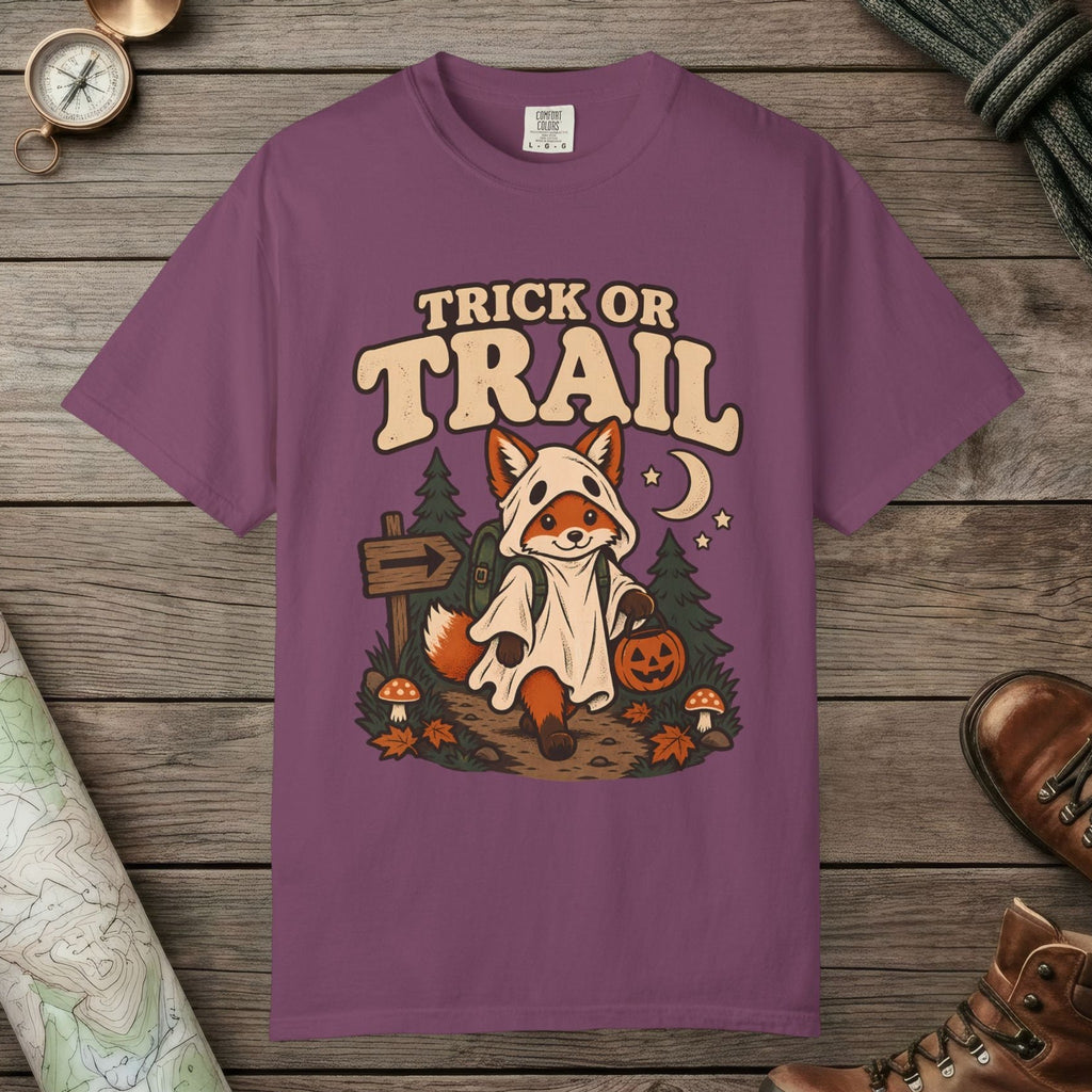 Berry color unisex graphic t-shirt with "Trick Or Trail" design