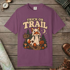 Berry color unisex graphic t-shirt with "Trick Or Trail" design