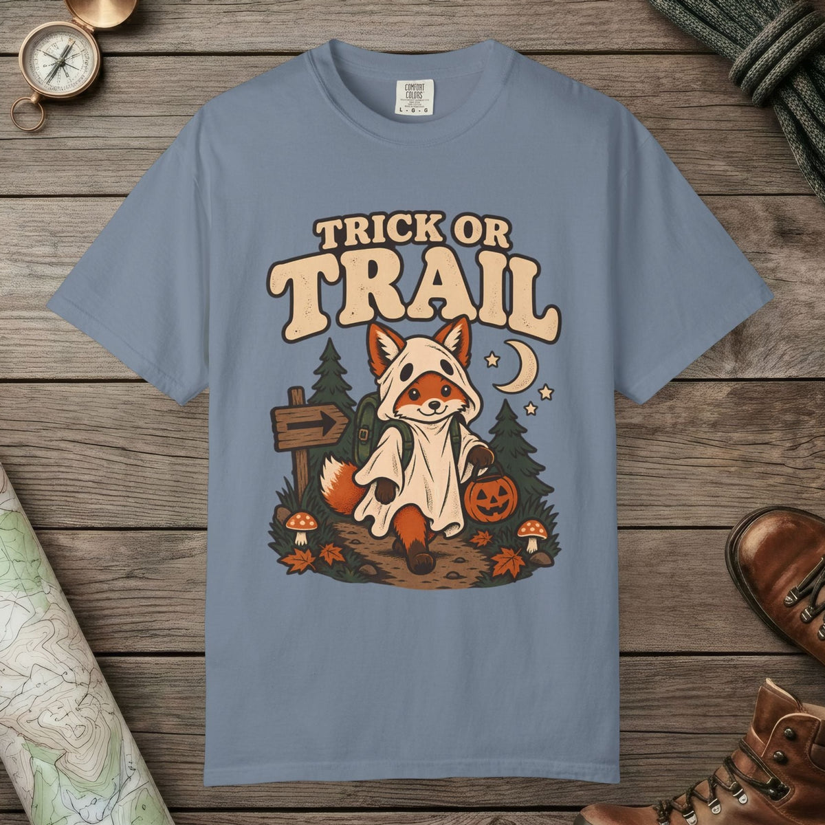 Blue Jean color unisex graphic t-shirt with "Trick Or Trail" design