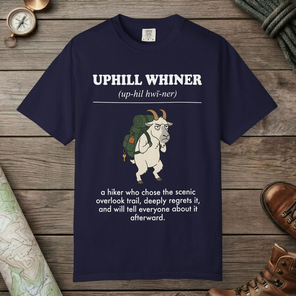 True Navy color unisex graphic t-shirt with "Uphill Whiner Definition" design