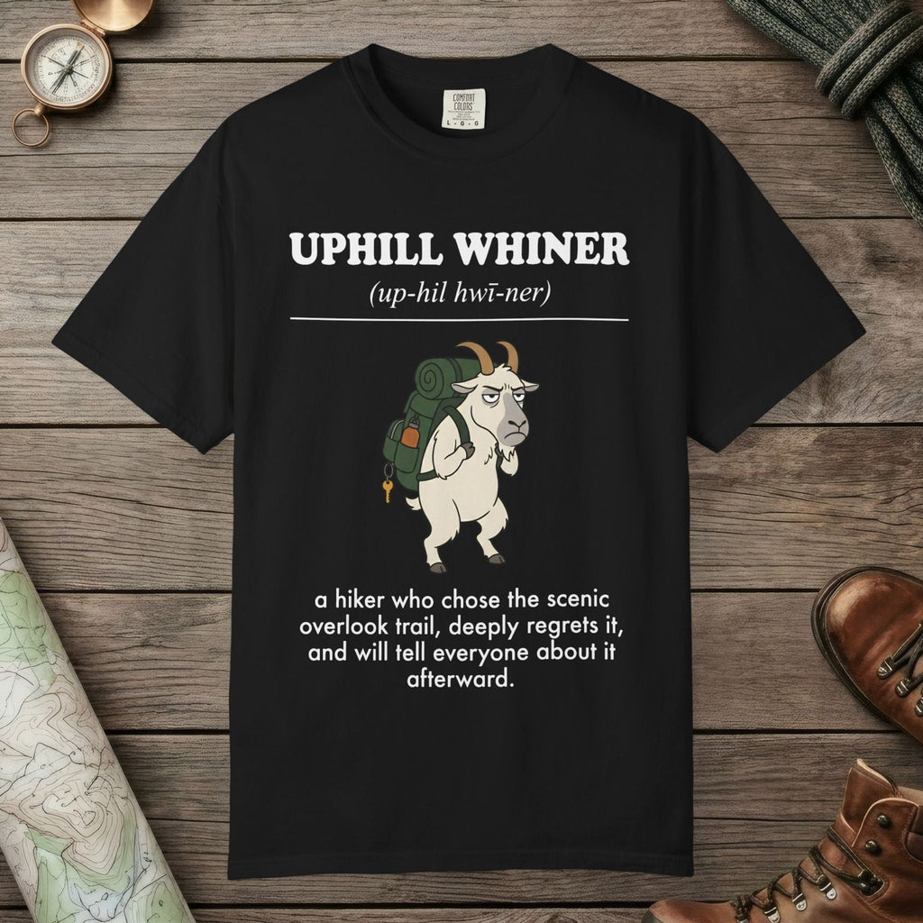 Black color unisex graphic t-shirt with "Uphill Whiner Definition" design