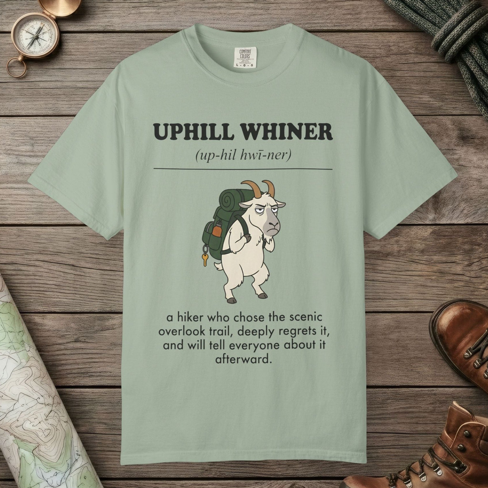 Bay color unisex graphic t-shirt with "Uphill Whiner Definition" design