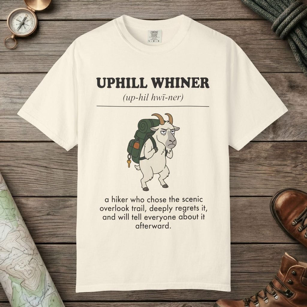 Ivory color unisex graphic t-shirt with "Uphill Whiner Definition" design