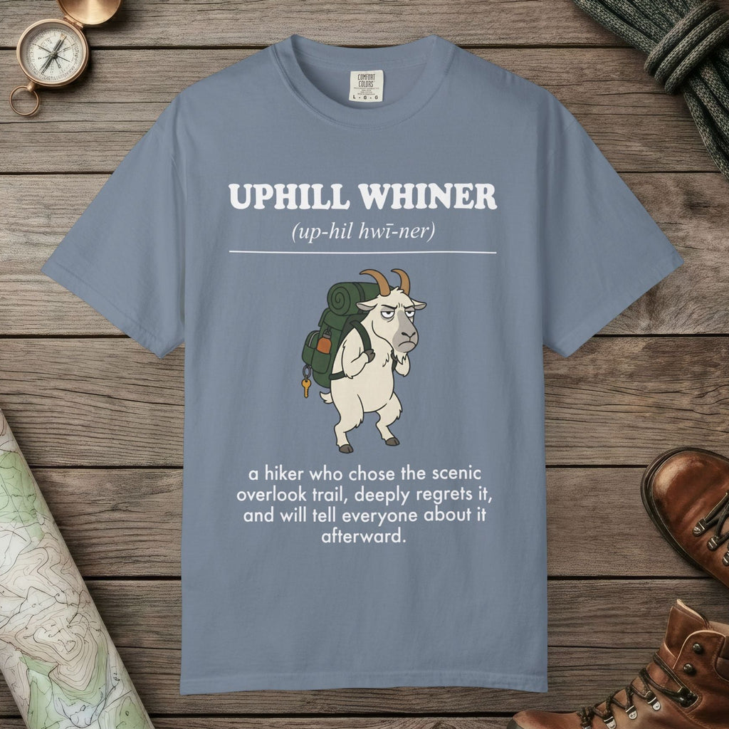 Blue Jean color unisex graphic t-shirt with "Uphill Whiner Definition" design