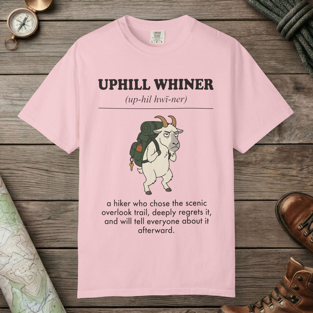Blossom color unisex graphic t-shirt with "Uphill Whiner Definition" design