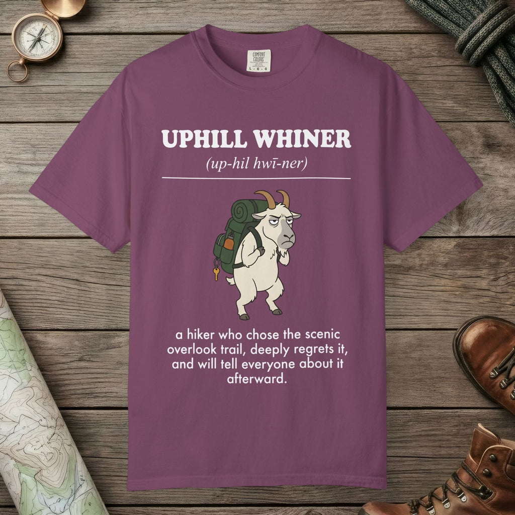 Berry color unisex graphic t-shirt with "Uphill Whiner Definition" design