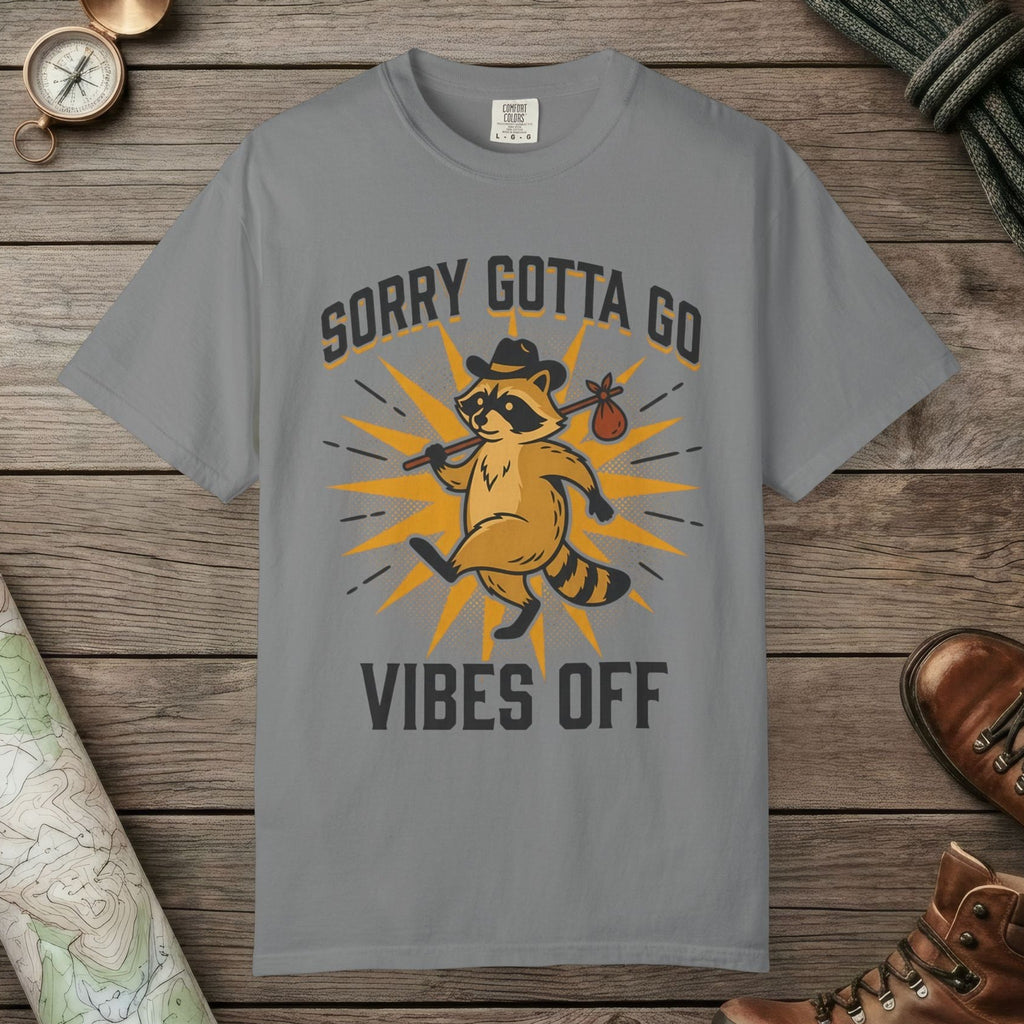 Grey color unisex graphic t-shirt with "Vibes Off Raccoon" design