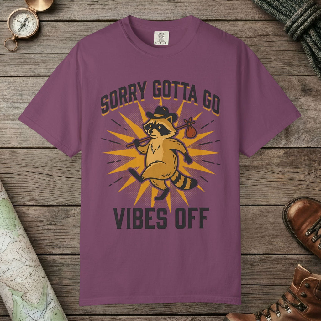 Berry color unisex graphic t-shirt with "Vibes Off Raccoon" design