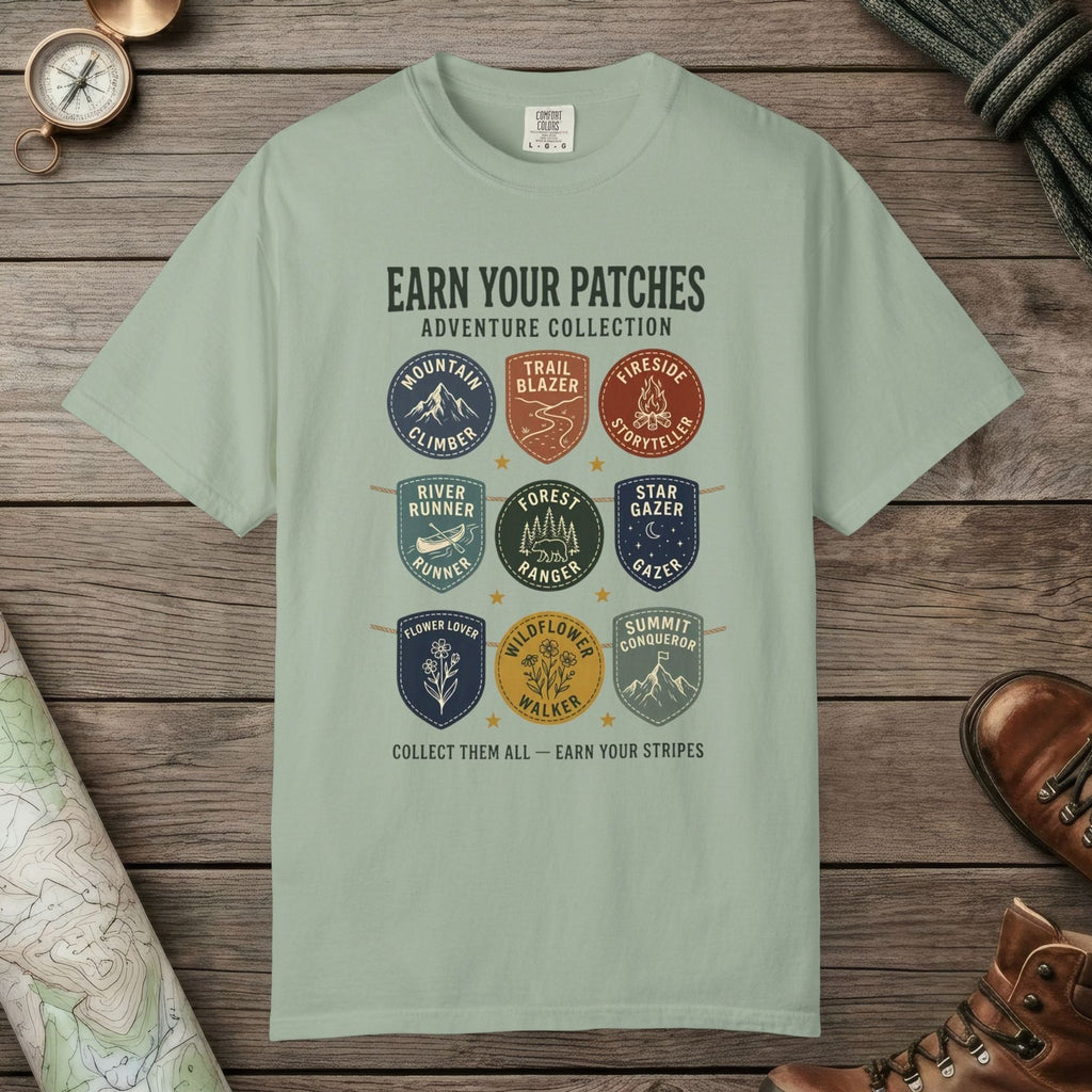 Bay color unisex graphic t-shirt with "Vintage Trail Patches" design